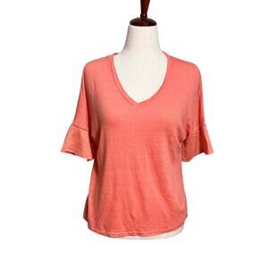 Chico's linen blend top peach orange v neck short flounce sleeve Sz 1 US M